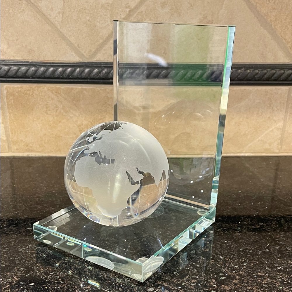 Heavy Crystal Globe Bookend/Paperweight with Clear Vertical Display Support